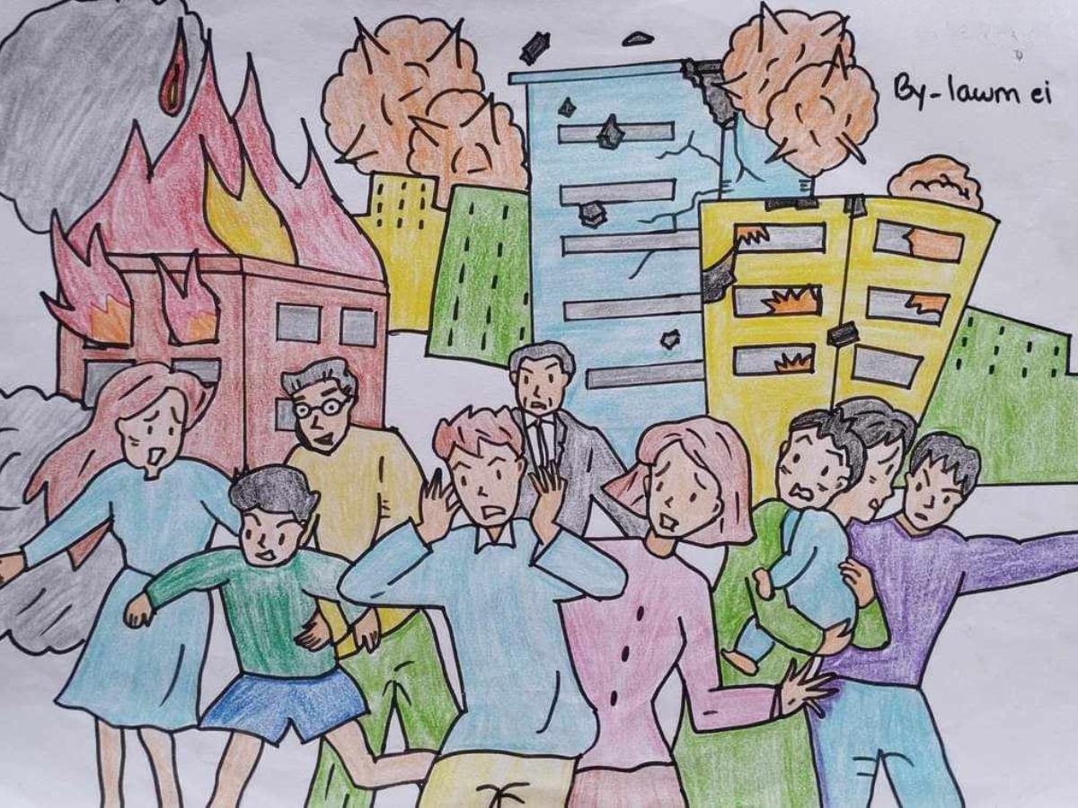 Drawing by Iawm Ei depicting families fleeing
