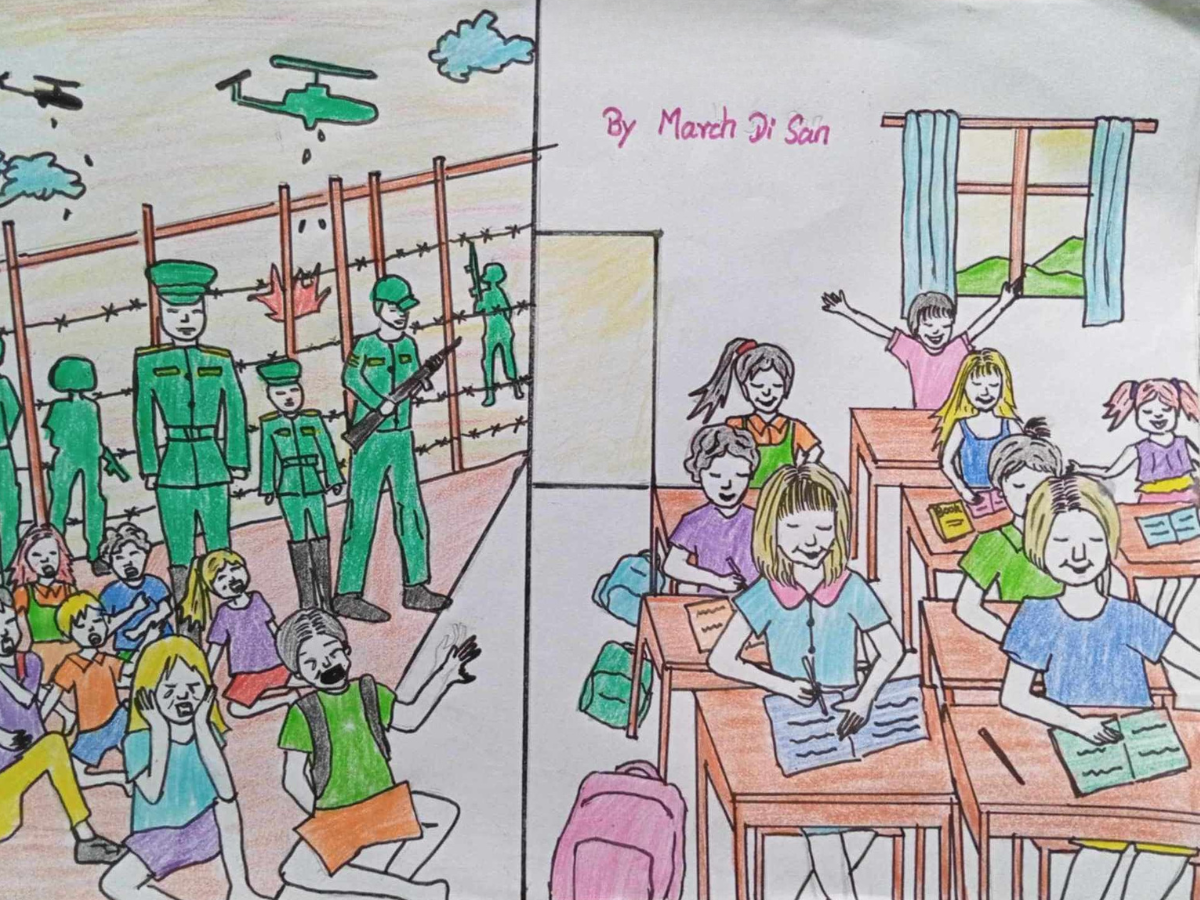Drawing by March Di San depicting life before and after displacement