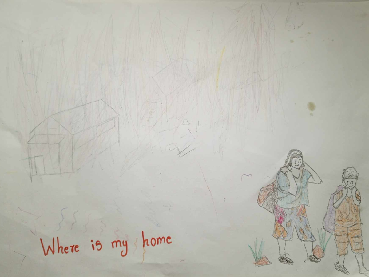 Drawing titled 'Where is my home' depicting a displaced family