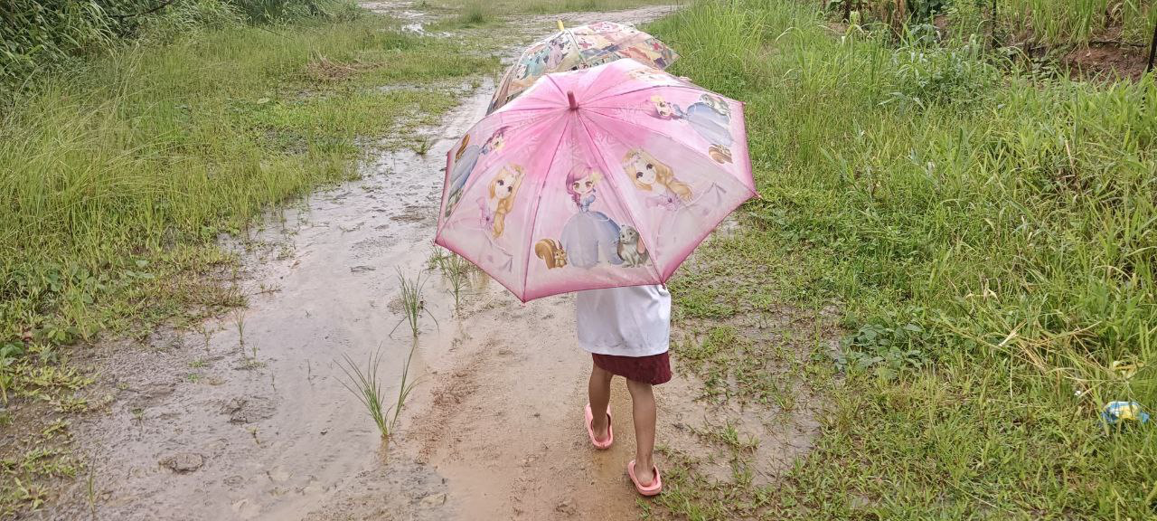 Child walking with a pink umbrella on a muddy path